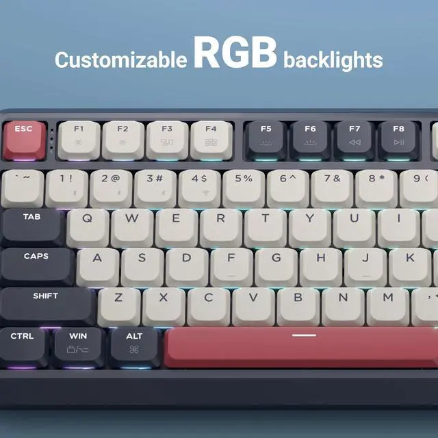 Alt view image 5 of 7 - J1 Low-Profile Wireless Mechanical Keyboard - QMK/VIA RGB Backlit, Hot-Swappable Banana Switch, 2.4 GHz Bluetooth, PBT Keycaps, 75% Layout Mac/Win/Linux for Office/Gaming - Dark Blue