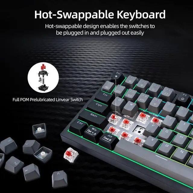 Alt view image 4 of 7 - WJX Wireless Mechanical Keyboard 75% Wireless Gaming Keyboard with Volume Knob, RGB Backlit Computer Clicky Keyboards, Hot Swappable Mechanical, USB C/2.4GHz/BT5.0 Gasket Red Switch PBT KeycapsGrey