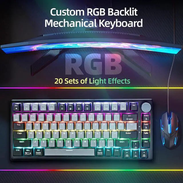 Alt view image 6 of 7 - WJX Wireless Mechanical Keyboard 75% Wireless Gaming Keyboard with Volume Knob, RGB Backlit Computer Clicky Keyboards, Hot Swappable Mechanical, USB C/2.4GHz/BT5.0 Gasket Red Switch PBT KeycapsGrey