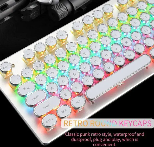 Alt view image 3 of 7 - Mechanical Gaming Keyboard, Retro Steampunk Typewriter Style Keyboard, 104 Keys USB Wired Mixed Light Backlit Keyboard with Round Keycaps(White)
