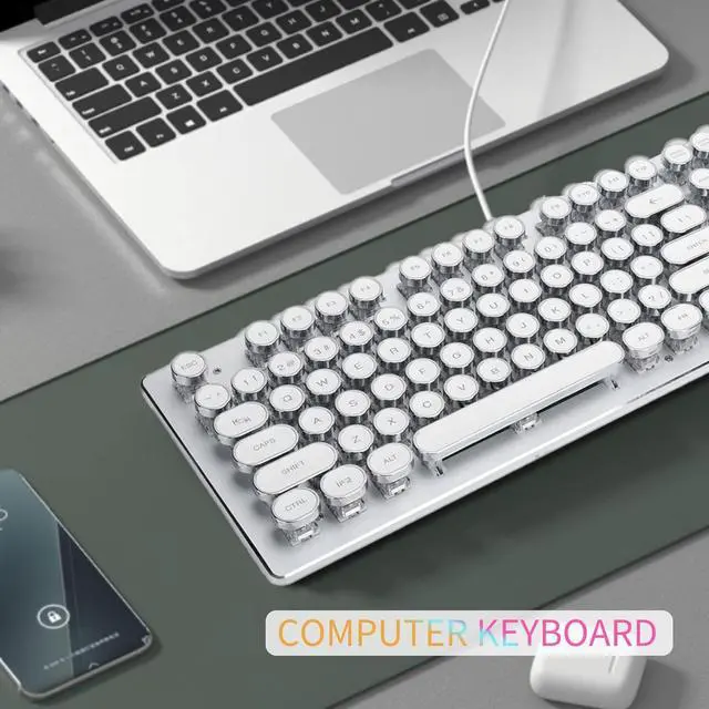 Alt view image 5 of 7 - Mechanical Gaming Keyboard, Retro Steampunk Typewriter Style Keyboard, 104 Keys USB Wired Mixed Light Backlit Keyboard with Round Keycaps(White)