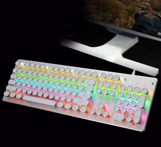Alt view image 6 of 7 - Mechanical Gaming Keyboard, Retro Steampunk Typewriter Style Keyboard, 104 Keys USB Wired Mixed Light Backlit Keyboard with Round Keycaps(White)