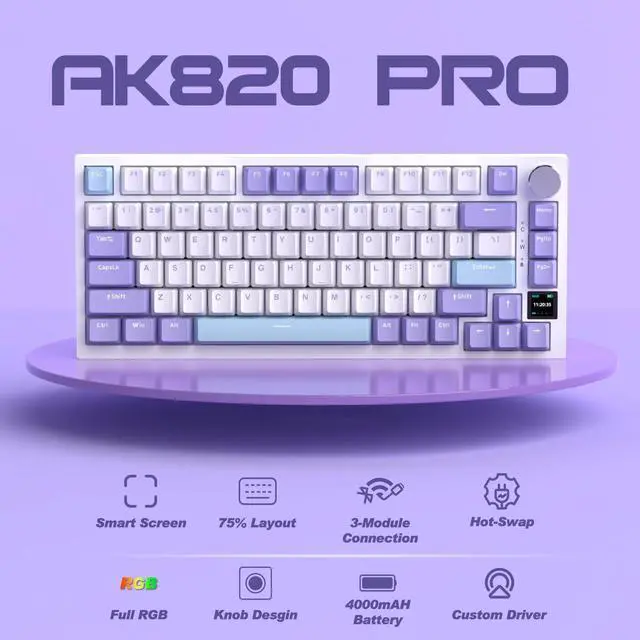Alt view image 3 of 6 - AJAZZ AK820 Pro Gasket Mechanical Keyboard Hot-Swappable BT/2.4G/Cable|4000mAh|TFT Screen|South-Facing RGB|Volume Control Foam for Win/Mac/PC