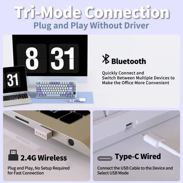 Alt view image 6 of 6 - AJAZZ AK820 Pro Gasket Mechanical Keyboard Hot-Swappable BT/2.4G/Cable|4000mAh|TFT Screen|South-Facing RGB|Volume Control Foam for Win/Mac/PC