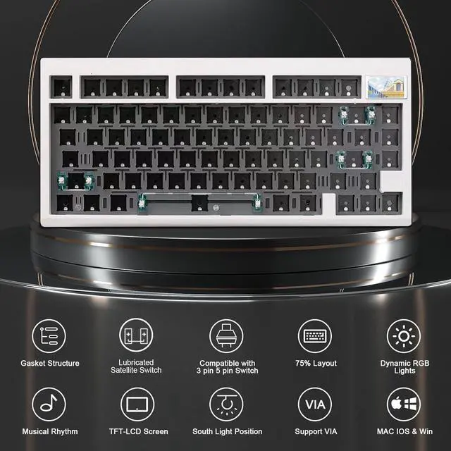 Alt view image 2 of 7 - GMK81 Barebones Keyboard with Screen,75% VIA Programmable Hot Swappable PCB Gasket Mounted Wireless Mechanical Keyboard Kit Tri-Mode BT5.0/2.4G/USB-C Wired Custom RGB Gaming DIY Kit