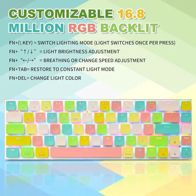 Alt view image 4 of 7 - 65% Wireless Mechanical Gaming Keyboard - 68 Keys RGB Backlit, Low-Profile Clicky Blue Switches, Ultra-Slim Design, Triple-Mode (2.4G/BT5.0/USB-C), for Office/Gaming - Colorful Edition