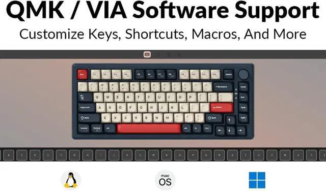Alt view image 3 of 7 - J2 75% Wireless Mechanical Gaming Keyboard, Gasket Tri-Mode BT5.1/USB-C/2.4GHz Hot Swappable 82 Keys RGB Backlit with Custom Knob Super Brown Switch, PTB Keycap, QMK/VIA for Win/Linux/Mac