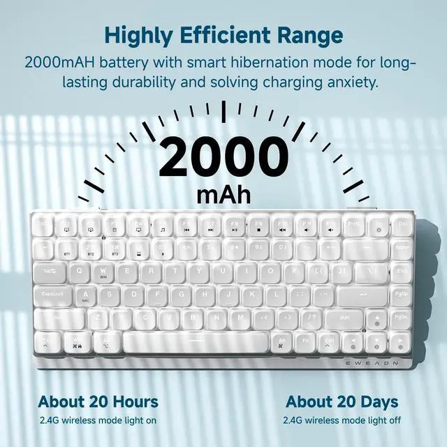 Alt view image 5 of 7 - EWEADN MK84 75% Wireless Low Profile Mechanical Keyboard Tri-Mode Connect with White Backlight Mechanical Keyboards Wireless, Red Switch Bluetooth/2.4GHz/USB-C Wired Cute Keyboard-White