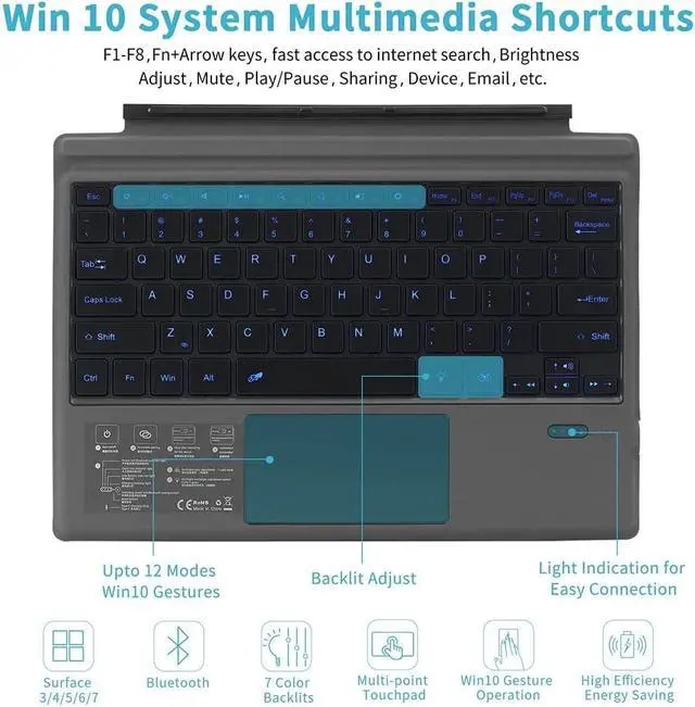 Alt view image 2 of 7 - Hilitand Bluetooth Keyboard with Touchpad for Pro 3/4/5/6/7, 7 Color LED Backlit Built-in 550mAh Lithium Battery Portable Replacement Keyboard Type Cover