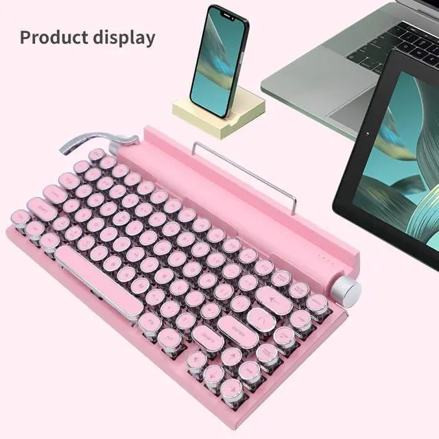 Alt view image 2 of 6 - 83-Key Mechanical Keyboard Dot Retro Typewriter Wireless Bluetooth Gaming Keyboard, Anti-ghosting Blue Switch (Pink)