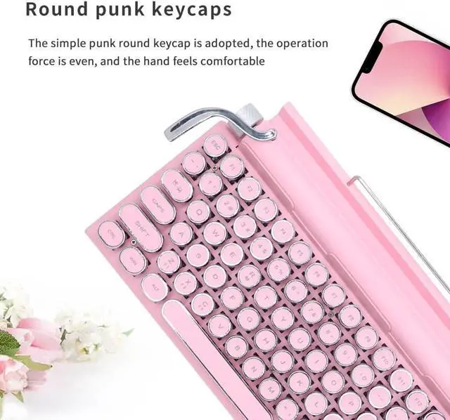 Alt view image 5 of 6 - 83-Key Mechanical Keyboard Dot Retro Typewriter Wireless Bluetooth Gaming Keyboard, Anti-ghosting Blue Switch (Pink)