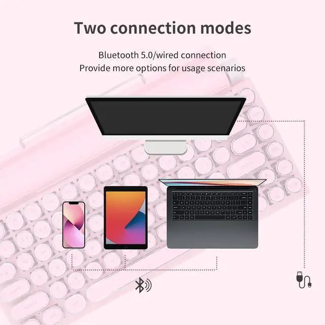 Alt view image 4 of 6 - 83-Key Mechanical Keyboard Dot Retro Typewriter Wireless Bluetooth Gaming Keyboard, Anti-ghosting Blue Switch (Pink)