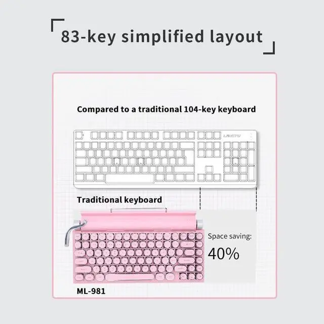 Alt view image 6 of 6 - 83-Key Mechanical Keyboard Dot Retro Typewriter Wireless Bluetooth Gaming Keyboard, Anti-ghosting Blue Switch (Pink)