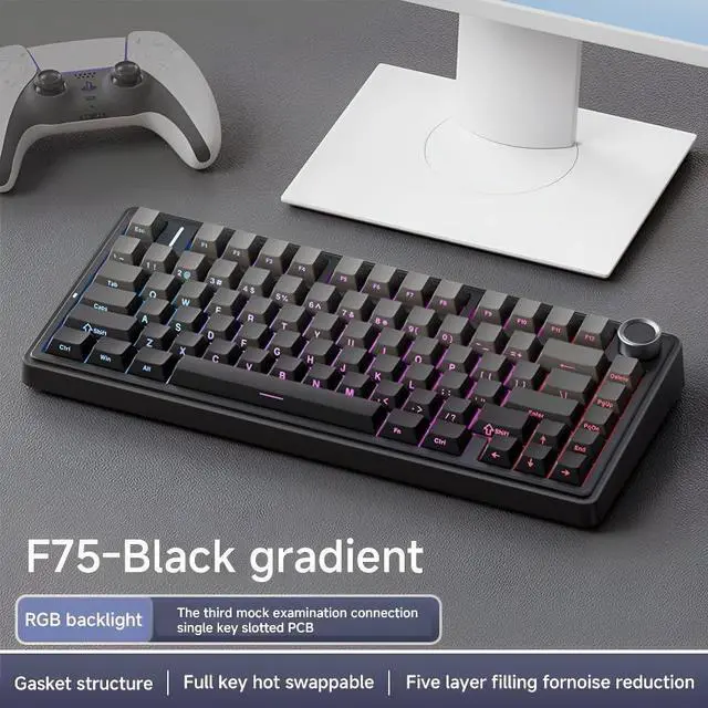 Alt view image 2 of 7 - x Aula F75 Gasket Mechanical Keyboard, 75% Wireless Hot Swappable Gaming Keyboard with Five-Layer Padding&Knob, Bluetooth/2.4GHz/USB-C, RGB (Black Gradient, LEOBOG Reaper Switch)