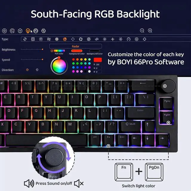 Alt view image 4 of 7 - X BOYI 66Pro Magnetic Switch Rapid Trigger RGB Gaming Keyboard,60% Hall Effect Adjustable Actuation Gasket-Mounted Hot Swap Wired Mechanical Keyboard with Knob for PC/Mac Gamer (Black)
