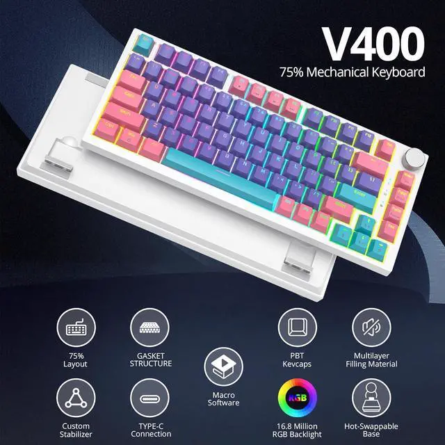 Alt view image 5 of 7 - 75% TKL Wired Mechanical Keyboard,RGB Backlit Gasket Mount 82 Key Hot Swappable Custom Linear Red Switch Gaming Keyboard with Volume Knob & PBT Keycaps (82 Purple)