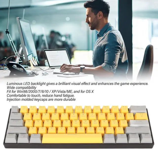 Alt view image 2 of 7 - 60% Wired Gaming Keyboard for PC MacGamer, Typist, Travel, Easy to Carry on Business Trip, Ergonomic Comfort 61 Keys RGB Backlit Ultra Compact Small Gaming Keyboard (Grayish Yellow Blue Switch)