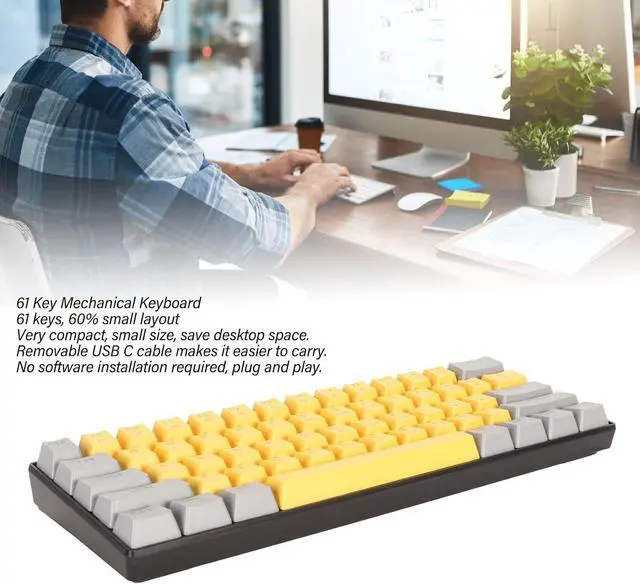 Alt view image 3 of 7 - 60% Wired Gaming Keyboard for PC MacGamer, Typist, Travel, Easy to Carry on Business Trip, Ergonomic Comfort 61 Keys RGB Backlit Ultra Compact Small Gaming Keyboard (Grayish Yellow Blue Switch)
