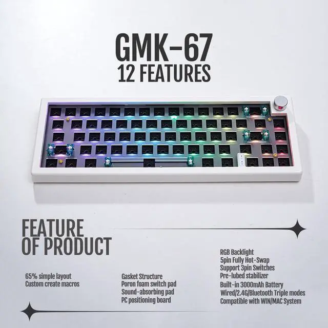 Alt view image 2 of 7 - GMK67 Gasket Mounted Mechanical Keyboard Kit,Hot-Swappable Bluetooth 5.0/2.4G/Type-C Tri-Mode 65% EVA Mat Customized RGB Keyboard Compatible with Windows/Mac(White)