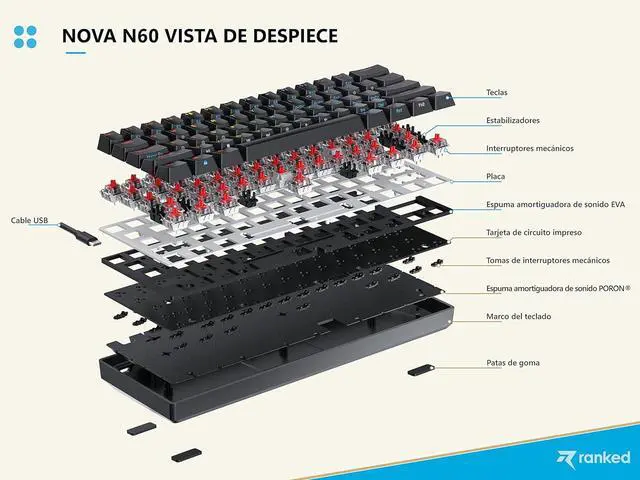 Alt view image 3 of 7 - Ranked N60 Nova 60% | Hot Swappable Mechanical Gaming Keyboard | 62 Keys Multi Color RGB LED Backlit for PC/Mac Gamer | ISO ES Spanish Layout (Black, Gateron Brown)