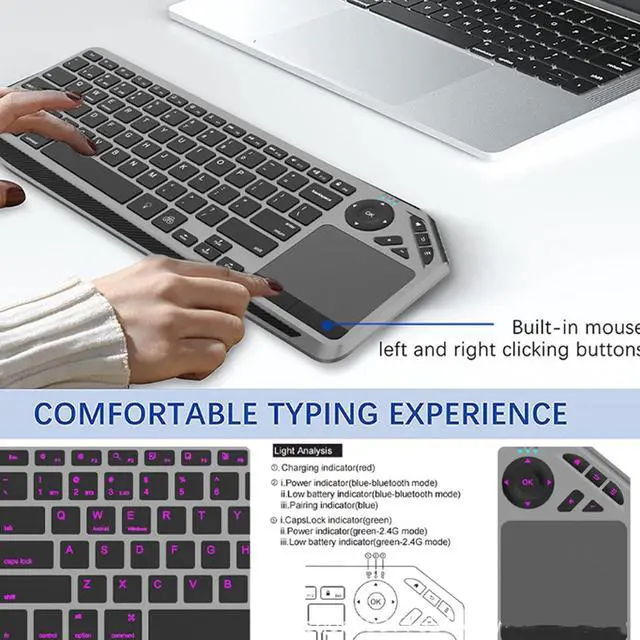 Alt view image 4 of 7 - ZJchao Wireless Touch Keyboard with Touchpad Multimedia Hotkeys 7 Color Backlit 2.4G/Bluetooth Dual Mode TV Keyboard Wrist Rest for Laptop Tablet Smart TV