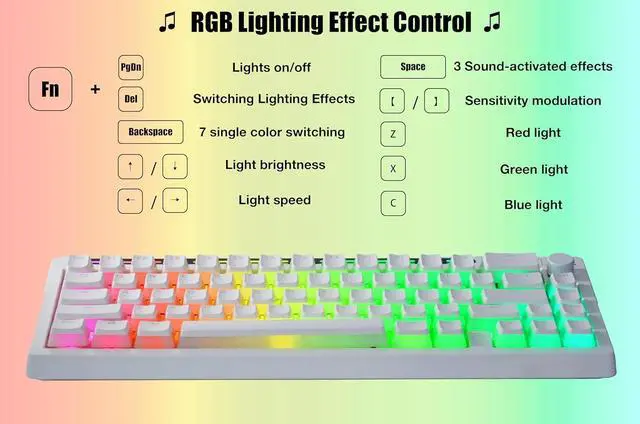 Alt view image 7 of 7 - R66 65% Voice-Activated Hot Swap RGB Triple Mode2.4Ghz/Bluetooth 5.0/Wired Wireless Top Gaming Keyboard,Knob Control Mechanical Keyboard, PBT Keycaps (Glacial-White-Linear Switch)