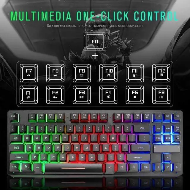 Alt view image 5 of 6 - Gaming Keyboard, USB Wired Keyboard with Rainbow Backlit, 87 Comfortable Quiet Silent Keys, Spill Resistant, Multimedia Control for PC and Desktop Computer