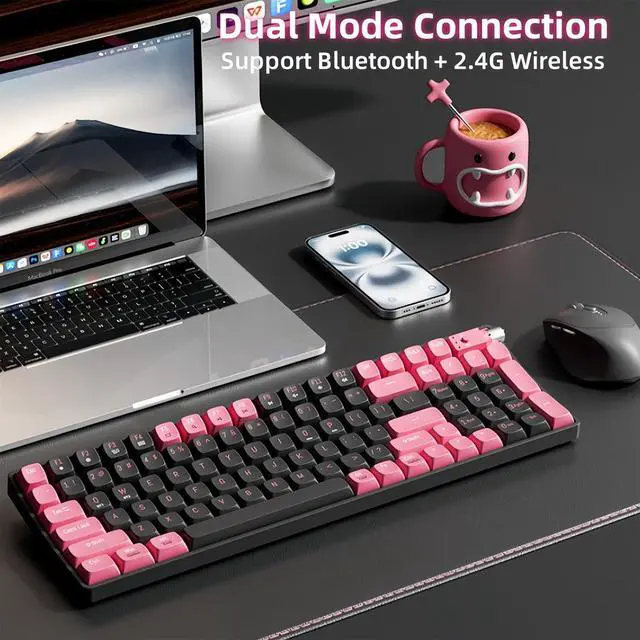 Alt view image 2 of 7 - MK100 Black and Pink Wireless Mechanical Keyboard,98% Compact 100 Keys Bluetooth/2.4G Gasket Structure Ergonomic Keyboard USB-C Rechargeable Gaming Keyboards for PC/Laptop/Office