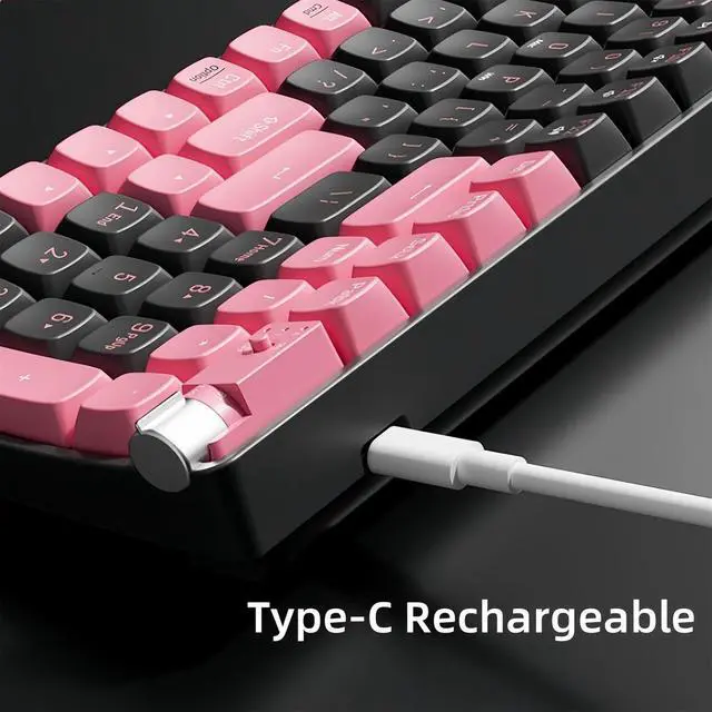 Alt view image 3 of 7 - MK100 Black and Pink Wireless Mechanical Keyboard,98% Compact 100 Keys Bluetooth/2.4G Gasket Structure Ergonomic Keyboard USB-C Rechargeable Gaming Keyboards for PC/Laptop/Office