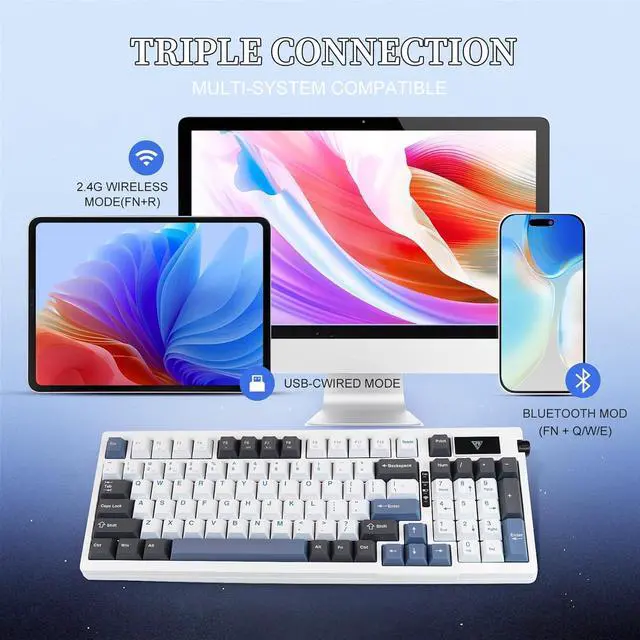 Alt view image 4 of 7 - MOLGRIA G98 Wireless Mechanical Keyboard, Light Backlit Keyboards, USB-C/BT5.0/2.4G Wi-Fi Connected Gasket Gaming Keyboard with Side Knob for Home Office and Personal Computer (White Blue)