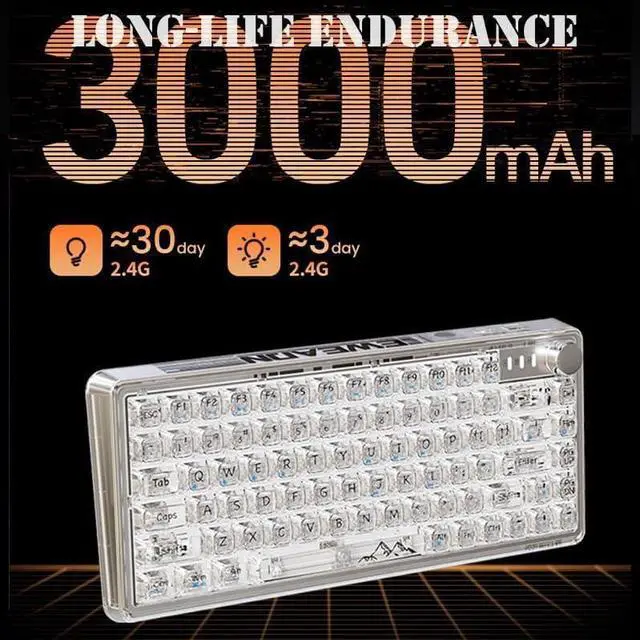 Alt view image 4 of 7 - Wireless Hot Swappable Transparent Mechanical Keyboard, RGB Full Color Backlight, 70% Layout, Three-Mode Connection, RGB Backlit, for Windows/Mac(Clear)