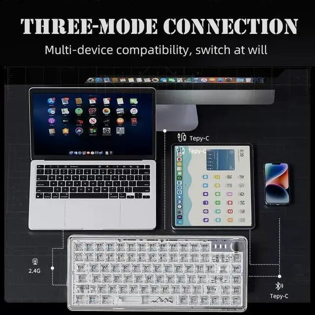 Alt view image 5 of 7 - Wireless Hot Swappable Transparent Mechanical Keyboard, RGB Full Color Backlight, 70% Layout, Three-Mode Connection, RGB Backlit, for Windows/Mac(Clear)