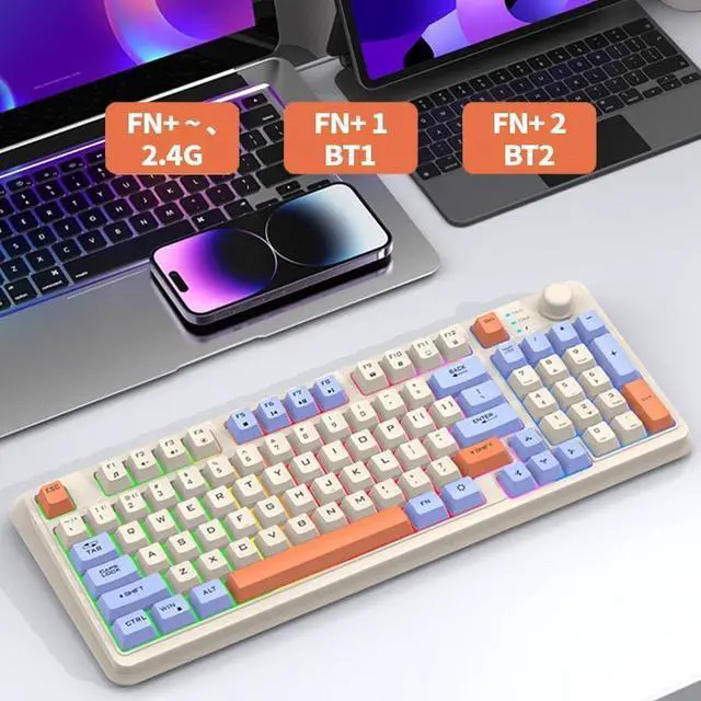 Alt view image 3 of 7 - Wireless Mechanical Keyboard, Hot-Swappable Switches, 2.4GHz+Bluetooth, RGB Backlit, for Gaming/Office(Beige)