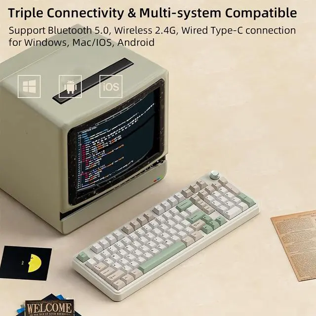 Alt view image 6 of 7 - K104 Retro Mechanical Keyboard with Knob,98% Gasket Structure Tri-Mode Wireless BT5.0/2.4G/Type-C Wired RGB HotSwap Full Size NKRO Gaming Keyboard 8000mAh Battery,PBT Keycaps for PC/Mac