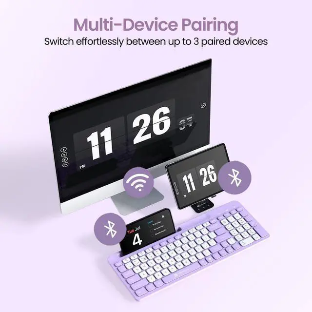 Alt view image 3 of 7 - genric Bubble Square Wireless Keyboard with Bluetooth + 2.4 GHz USB Receiver (Dual Connectivity), Pair 3 Devices Max, Multimedia Hotkeys, for Laptop, PC, Smartphone, Tablet (Purple)