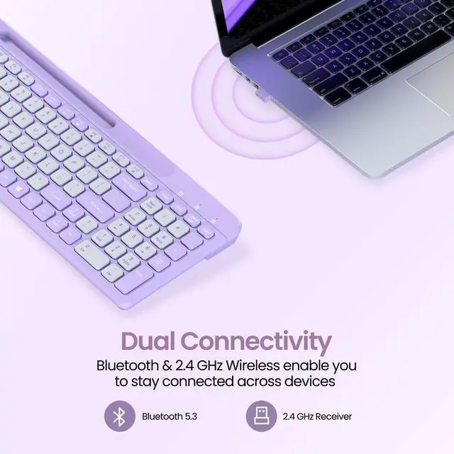 Alt view image 2 of 7 - genric Bubble Square Wireless Keyboard with Bluetooth + 2.4 GHz USB Receiver (Dual Connectivity), Pair 3 Devices Max, Multimedia Hotkeys, for Laptop, PC, Smartphone, Tablet (Purple)