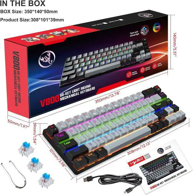Alt view image 4 of 7 - Gaming Mechanical Keyboard Luminous Blue Switch Backlit Type-C 68-Key Keypad for Computer Keyboards 60% New 68-Key Luminous Keyboard Electronic, Black