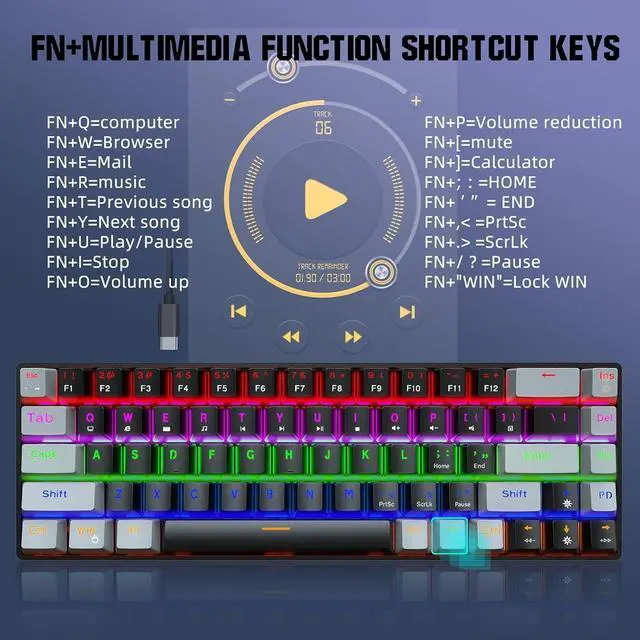 Alt view image 7 of 7 - Gaming Mechanical Keyboard Luminous Blue Switch Backlit Type-C 68-Key Keypad for Computer Keyboards 60% New 68-Key Luminous Keyboard Electronic, Black