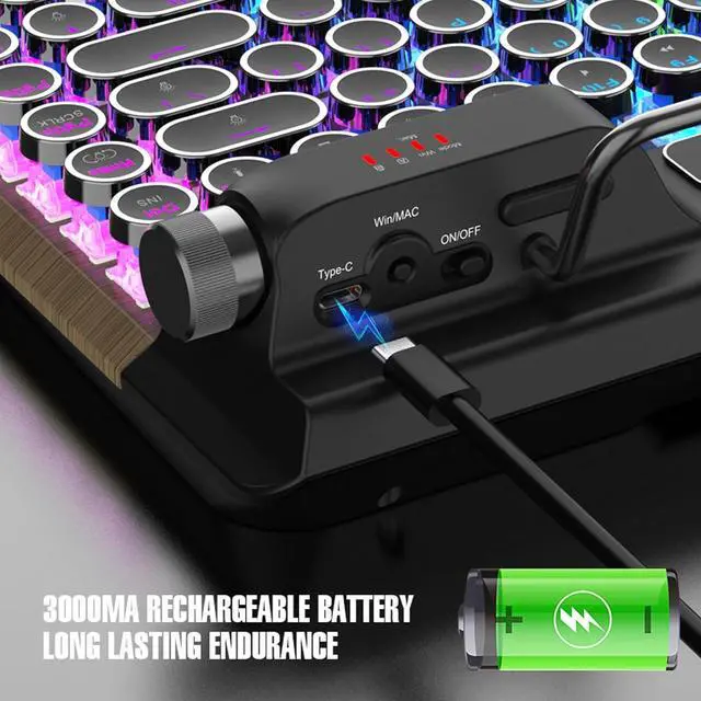 Alt view image 6 of 7 - Asixxsix Retro Typewriter Mechanical Gaming Keyboard, Bluetooth 5.0 Blue Switches Computer Keyboards, 84 Key RGB Backlight Retro Mechanical Keyboard, Punk Round Keycap