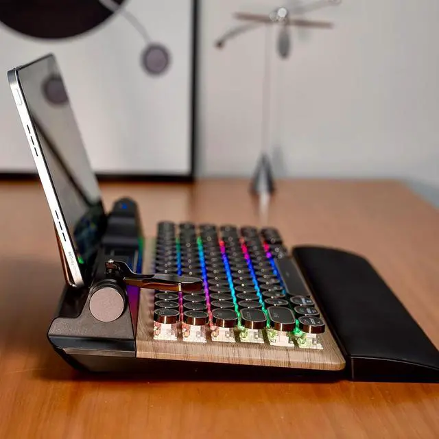 Alt view image 2 of 7 - Asixxsix Retro Typewriter Mechanical Gaming Keyboard, Bluetooth 5.0 Blue Switches Computer Keyboards, 84 Key RGB Backlight Retro Mechanical Keyboard, Punk Round Keycap