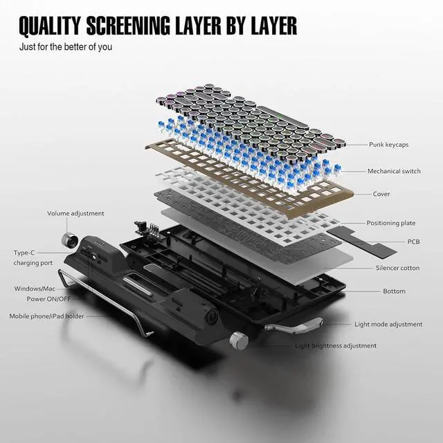Alt view image 5 of 7 - Asixxsix Retro Typewriter Mechanical Gaming Keyboard, Bluetooth 5.0 Blue Switches Computer Keyboards, 84 Key RGB Backlight Retro Mechanical Keyboard, Punk Round Keycap