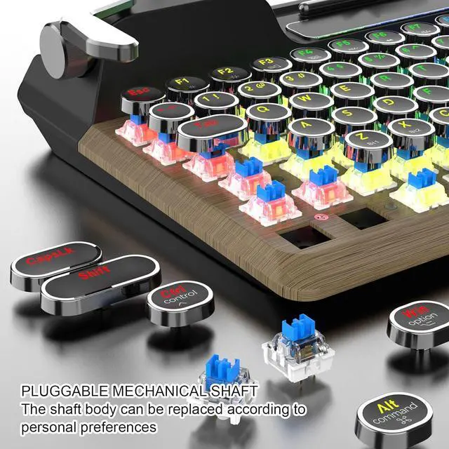 Alt view image 4 of 7 - Asixxsix Retro Typewriter Mechanical Gaming Keyboard, Bluetooth 5.0 Blue Switches Computer Keyboards, 84 Key RGB Backlight Retro Mechanical Keyboard, Punk Round Keycap