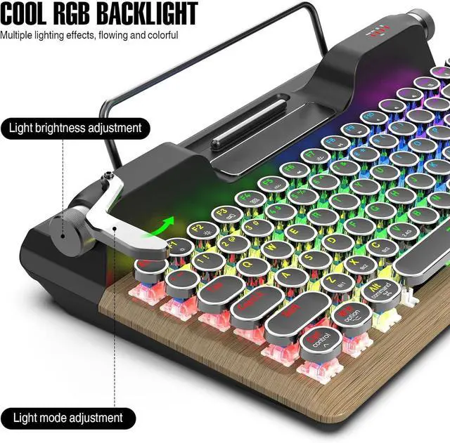 Alt view image 3 of 7 - Asixxsix Retro Typewriter Mechanical Gaming Keyboard, Bluetooth 5.0 Blue Switches Computer Keyboards, 84 Key RGB Backlight Retro Mechanical Keyboard, Punk Round Keycap