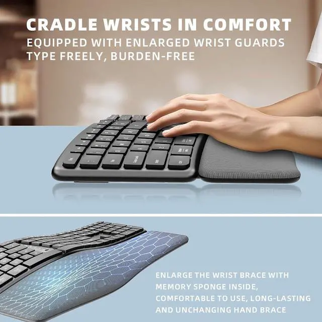 Alt view image 3 of 7 - Ergonomic Keyboard, Ergonomic Split Keyboard with Cushioned Wrist Rest, 2.4G USB C Bluetooth Wireless Computer Keyboard with 111 Keys, Rechargeable for Desktop, PC, Laptop