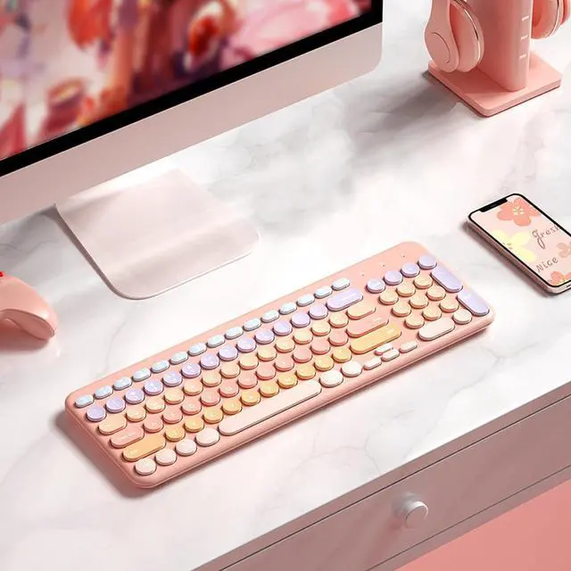 Alt view image 7 of 7 - Quiet Wireless Keyboard with Round Keycaps, 2.4G Ergonomic Design, Full Sized 96 Keys, USB Receiver, Cordless Keyboard for Computer, Laptop, Pc and Desktops (Pink)