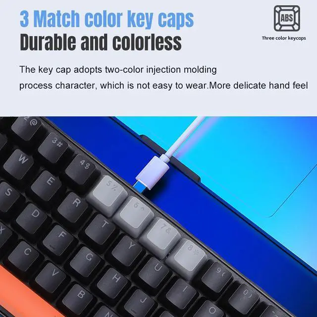 Alt view image 2 of 7 - Asixxsix Mechanical Gaming Keyboard, 68 Keys 60 Percent Wired RGB Gaming Keyboard with Blue Switch, 3 Colors Key Cap USB Ultra Compact Mechanical Keyboard for PC Laptop Computer (Orange Gray Black)