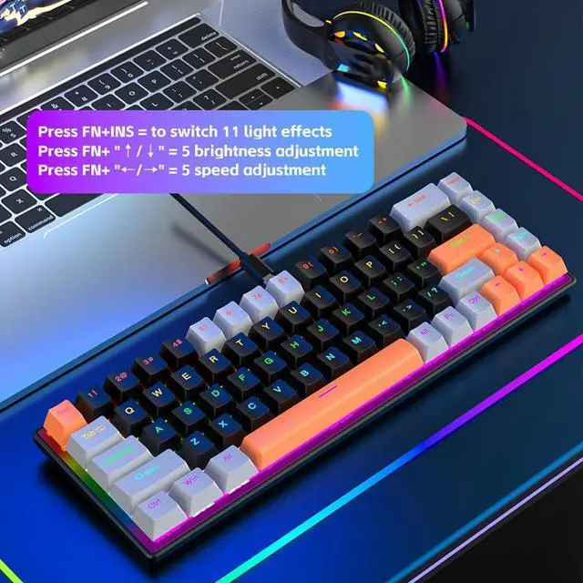 Alt view image 4 of 7 - Asixxsix Mechanical Gaming Keyboard, 68 Keys 60 Percent Wired RGB Gaming Keyboard with Blue Switch, 3 Colors Key Cap USB Ultra Compact Mechanical Keyboard for PC Laptop Computer (Orange Gray Black)