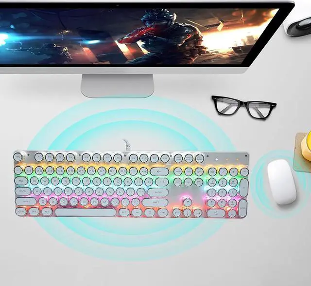 Alt view image 4 of 6 - Mechanical Keyboard, LED Backlit USB Wire Ergonomic Gaming Keyboard with Retro Round Cap Computer Parts