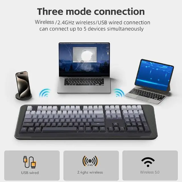 Alt view image 5 of 7 - Asixxsix 108 Keys Mechanical Keyboard, BT 2.4Ghz Wireless Wired Mechanical Gaming Keyboard, 3 Connection Modes, Hot Swappable Blue Switch Gaming Keyboard with LED Backlit for Computer PC