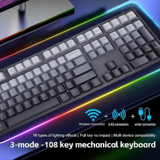 Alt view image 2 of 7 - Asixxsix 108 Keys Mechanical Keyboard, BT 2.4Ghz Wireless Wired Mechanical Gaming Keyboard, 3 Connection Modes, Hot Swappable Blue Switch Gaming Keyboard with LED Backlit for Computer PC